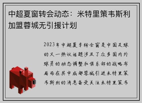 中超夏窗转会动态：米特里策韦斯利加盟蓉城无引援计划