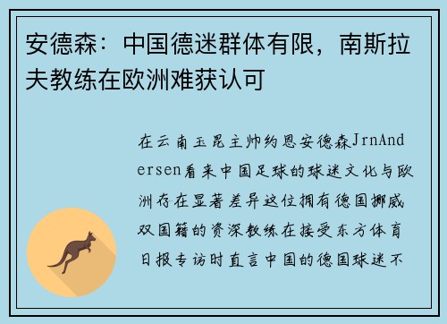 安德森：中国德迷群体有限，南斯拉夫教练在欧洲难获认可