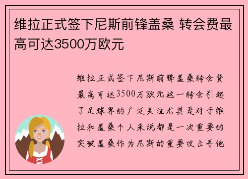 维拉正式签下尼斯前锋盖桑 转会费最高可达3500万欧元