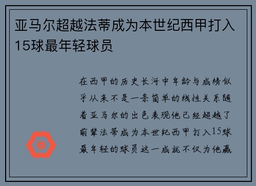 亚马尔超越法蒂成为本世纪西甲打入15球最年轻球员